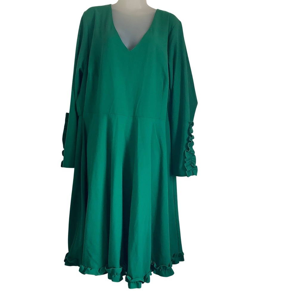 Eloquii Green Ruffle Trim V-Neck Long Sleeve Fit Flare Midi Dress Plus Size 24